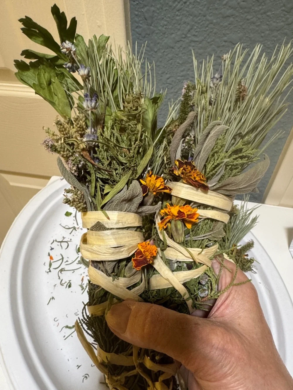 Hand-Tied organic Sage and Herb Smudge Bundle with Marigolds. Smoke medicine!